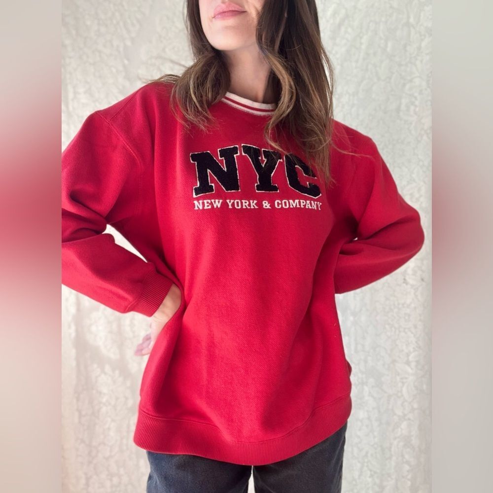 Y2K New York & Company Red Embroidered Varsity Style Crewneck Sweater - Picture 2 of 13